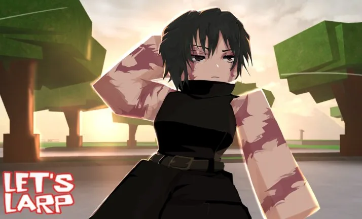 Roblox-style avatar with black hair and a sleeveless black outfit in a blocky park, with LET'S LARP text.
